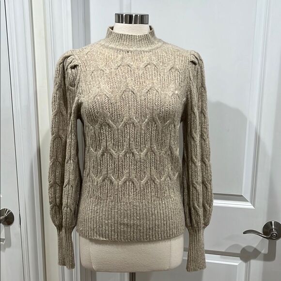 NWOT Express Metallic Sweater Puff Sleeve Gold threading Open Stitch Size Small - Picture 3 of 16